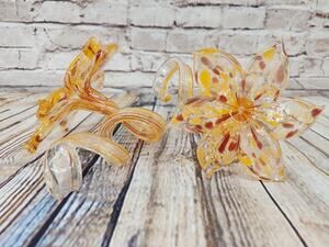 Lot Of 2 Vintage Murano Italy Blown Art Glass Flowers Orange Curly Stems